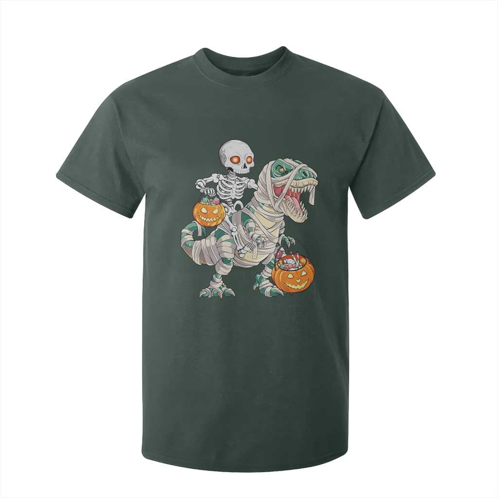 Funny Skeleton Riding Mummy Dinosaur Halloween T Shirt For Kid TS11 Dark Forest Green Print Your Wear