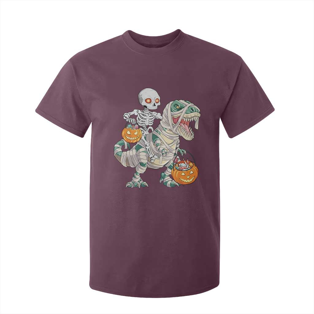 Funny Skeleton Riding Mummy Dinosaur Halloween T Shirt For Kid TS11 Maroon Print Your Wear