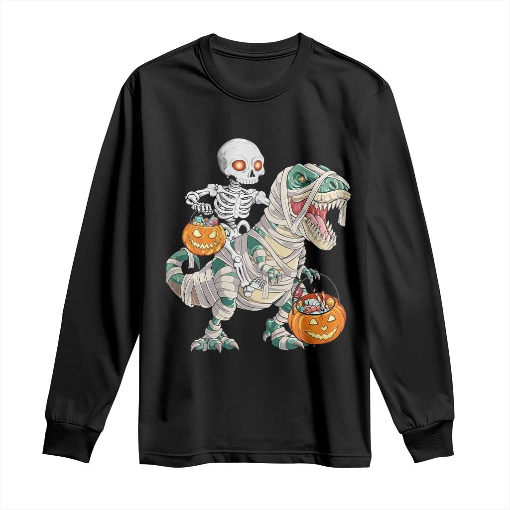 Funny Skeleton Riding Mummy Dinosaur Halloween Long Sleeve Shirt TS11 Black Print Your Wear