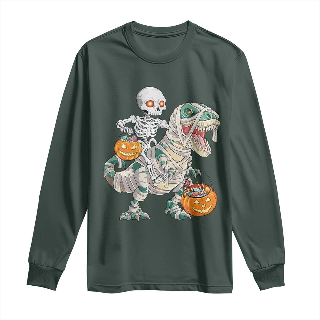 Funny Skeleton Riding Mummy Dinosaur Halloween Long Sleeve Shirt TS11 Dark Forest Green Print Your Wear