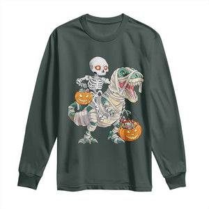 Funny Skeleton Riding Mummy Dinosaur Halloween Long Sleeve Shirt TS11 Dark Forest Green Print Your Wear