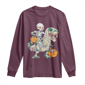 Funny Skeleton Riding Mummy Dinosaur Halloween Long Sleeve Shirt TS11 Maroon Print Your Wear