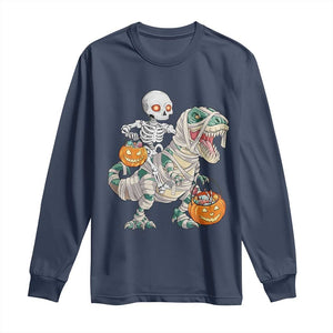 Funny Skeleton Riding Mummy Dinosaur Halloween Long Sleeve Shirt TS11 Navy Print Your Wear