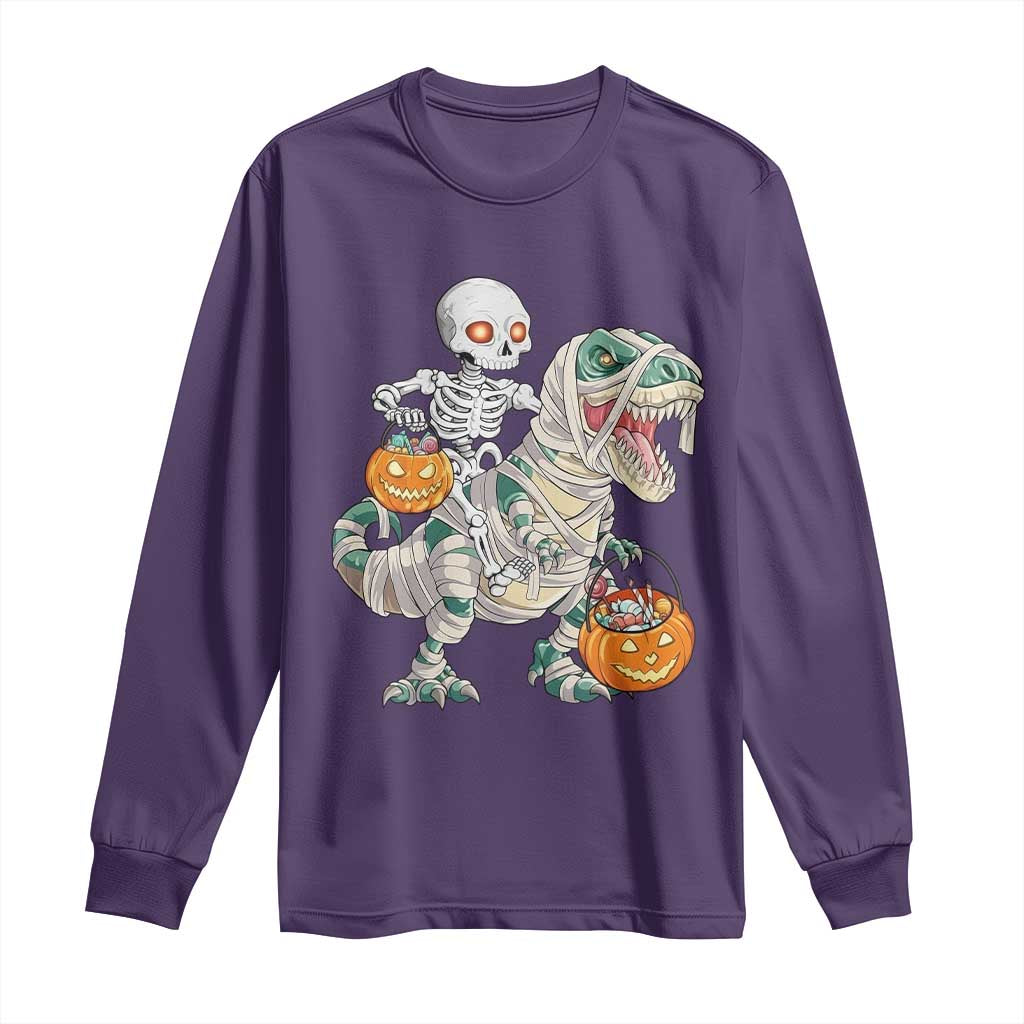 Funny Skeleton Riding Mummy Dinosaur Halloween Long Sleeve Shirt TS11 Purple Print Your Wear