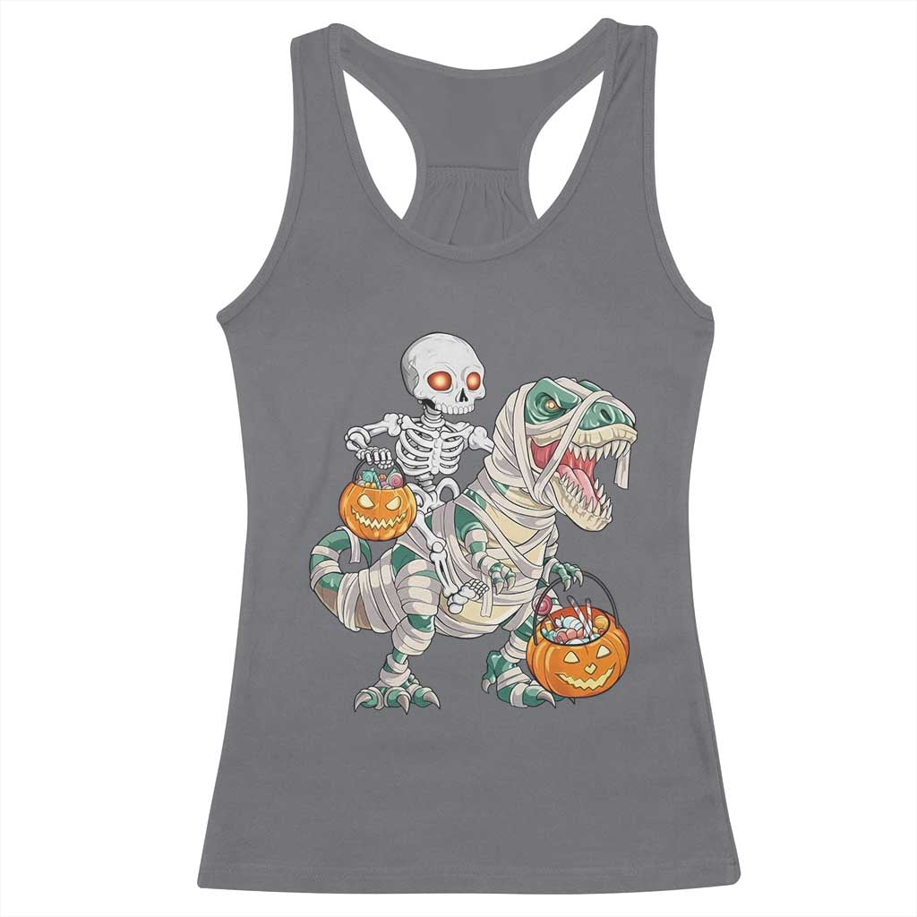 Funny Skeleton Riding Mummy Dinosaur Halloween Racerback Tank Top TS11 Charcoal Print Your Wear