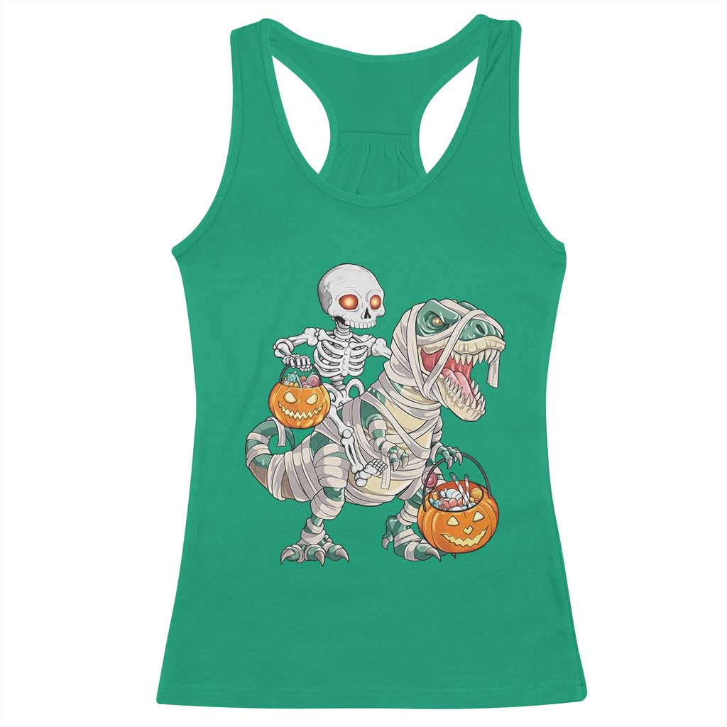 Funny Skeleton Riding Mummy Dinosaur Halloween Racerback Tank Top TS11 Irish Green Print Your Wear