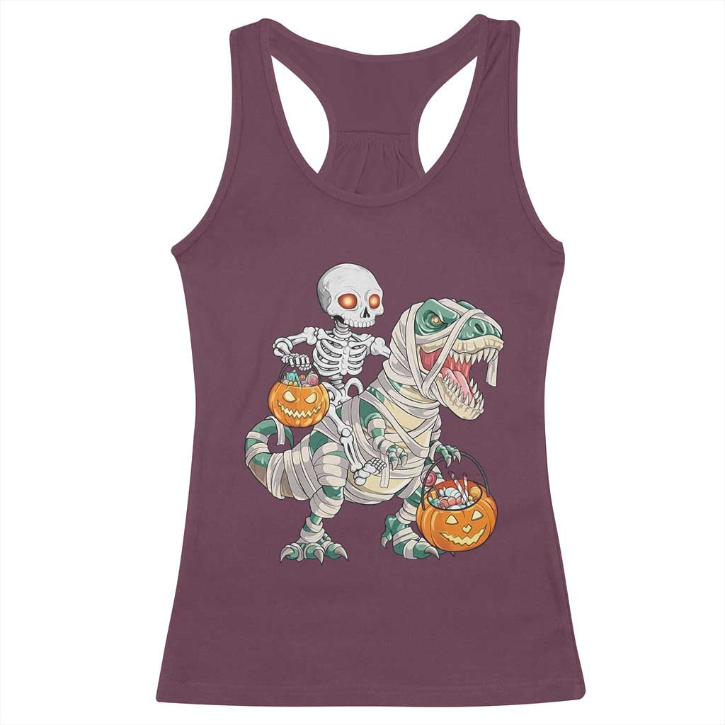 Funny Skeleton Riding Mummy Dinosaur Halloween Racerback Tank Top TS11 Maroon Print Your Wear