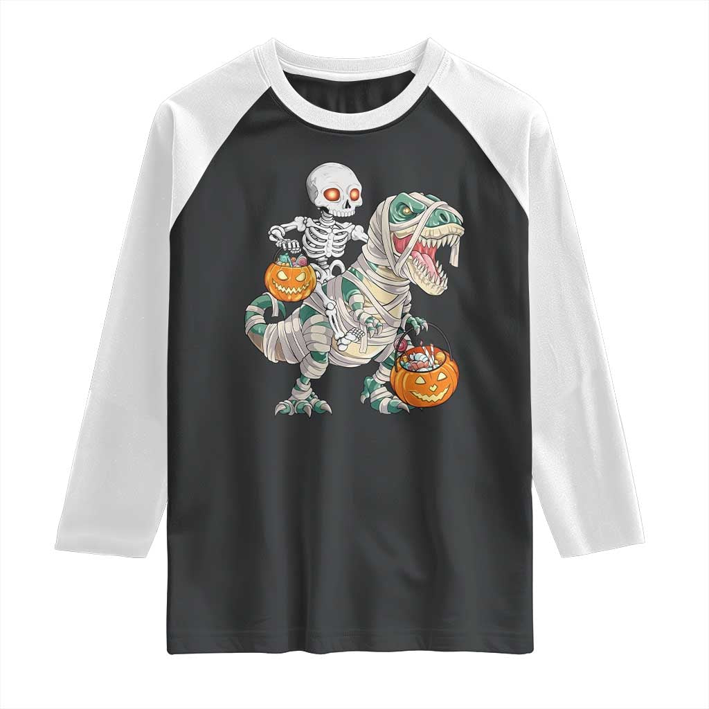 Funny Skeleton Riding Mummy Dinosaur Halloween Raglan Shirt TS11 Black White Print Your Wear