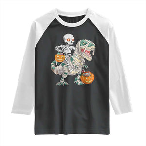 Funny Skeleton Riding Mummy Dinosaur Halloween Raglan Shirt TS11 Black White Print Your Wear