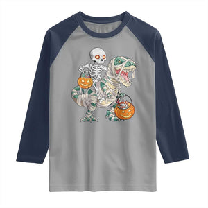 Funny Skeleton Riding Mummy Dinosaur Halloween Raglan Shirt TS11 Sport Gray Navy Print Your Wear