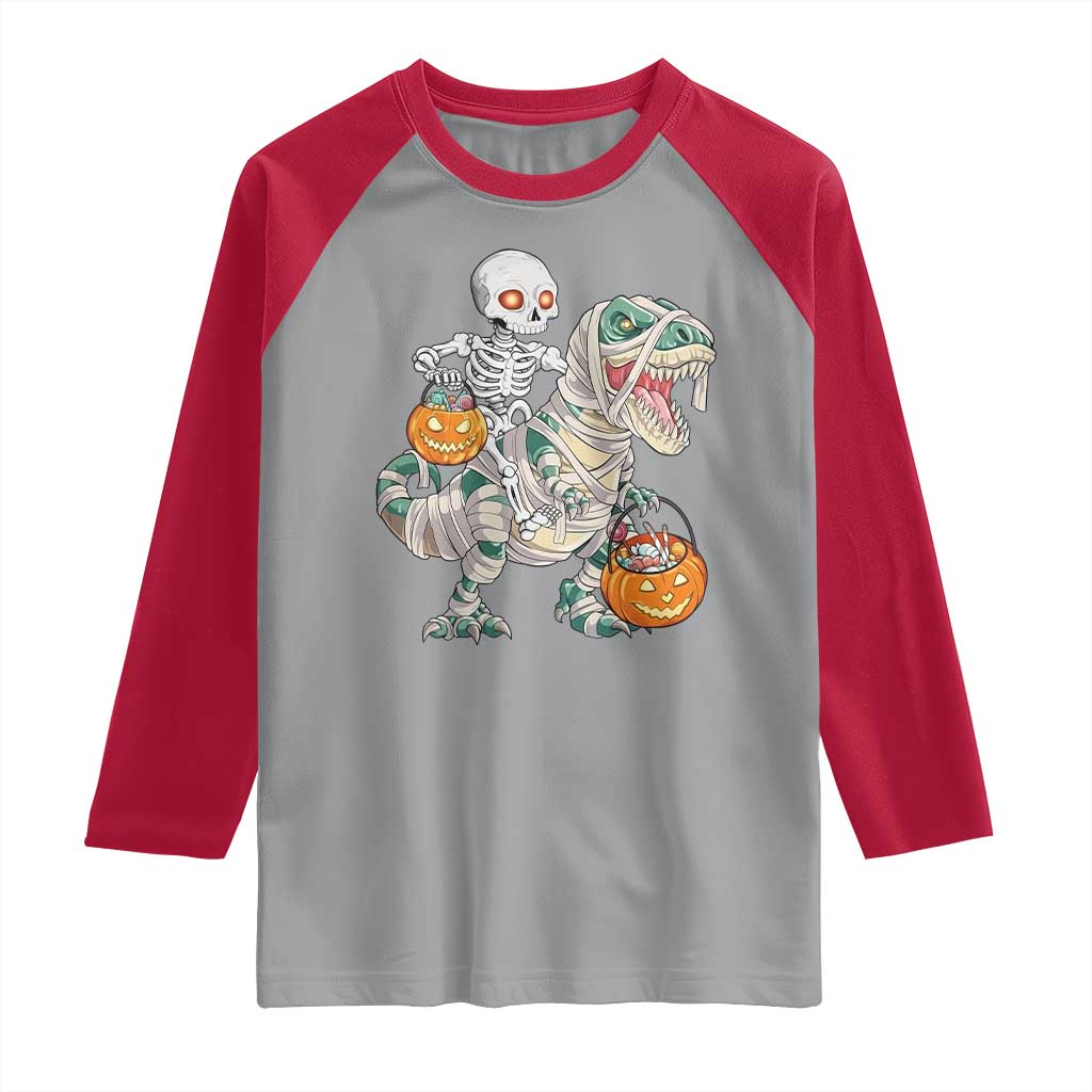 Funny Skeleton Riding Mummy Dinosaur Halloween Raglan Shirt TS11 Sport Gray Red Print Your Wear