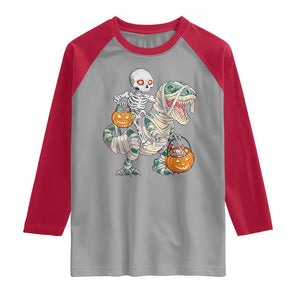 Funny Skeleton Riding Mummy Dinosaur Halloween Raglan Shirt TS11 Sport Gray Red Print Your Wear
