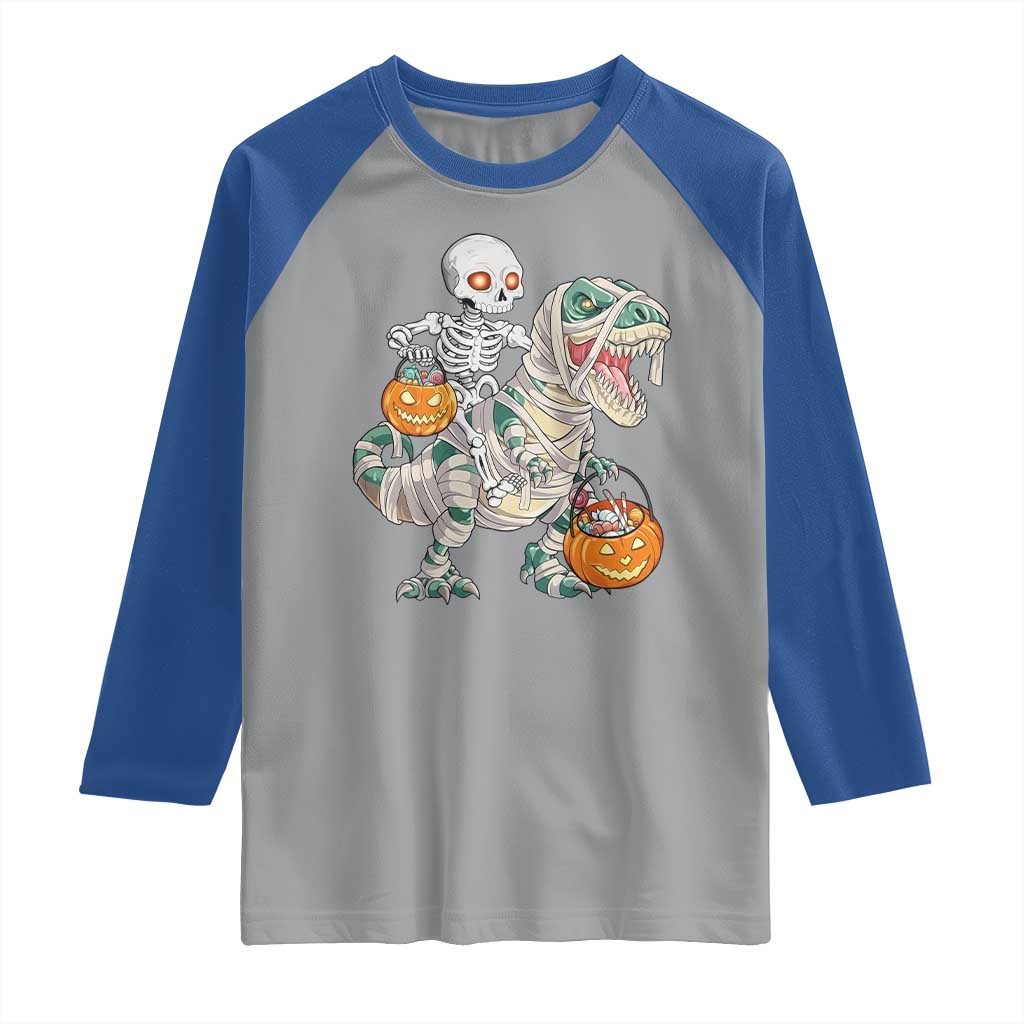 Funny Skeleton Riding Mummy Dinosaur Halloween Raglan Shirt TS11 Sport Gray Royal Print Your Wear