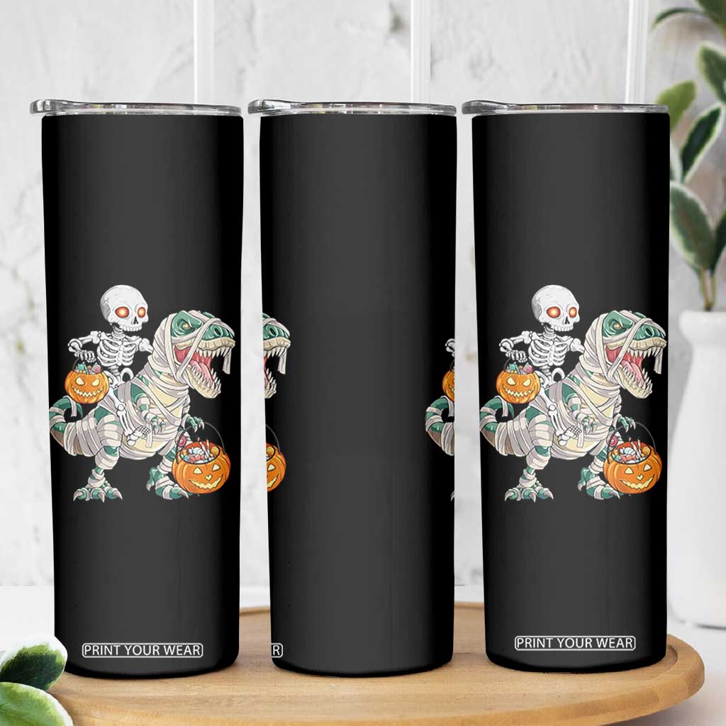 Funny Skeleton Riding Mummy Dinosaur Halloween Skinny Tumbler TS11 Print Your Wear