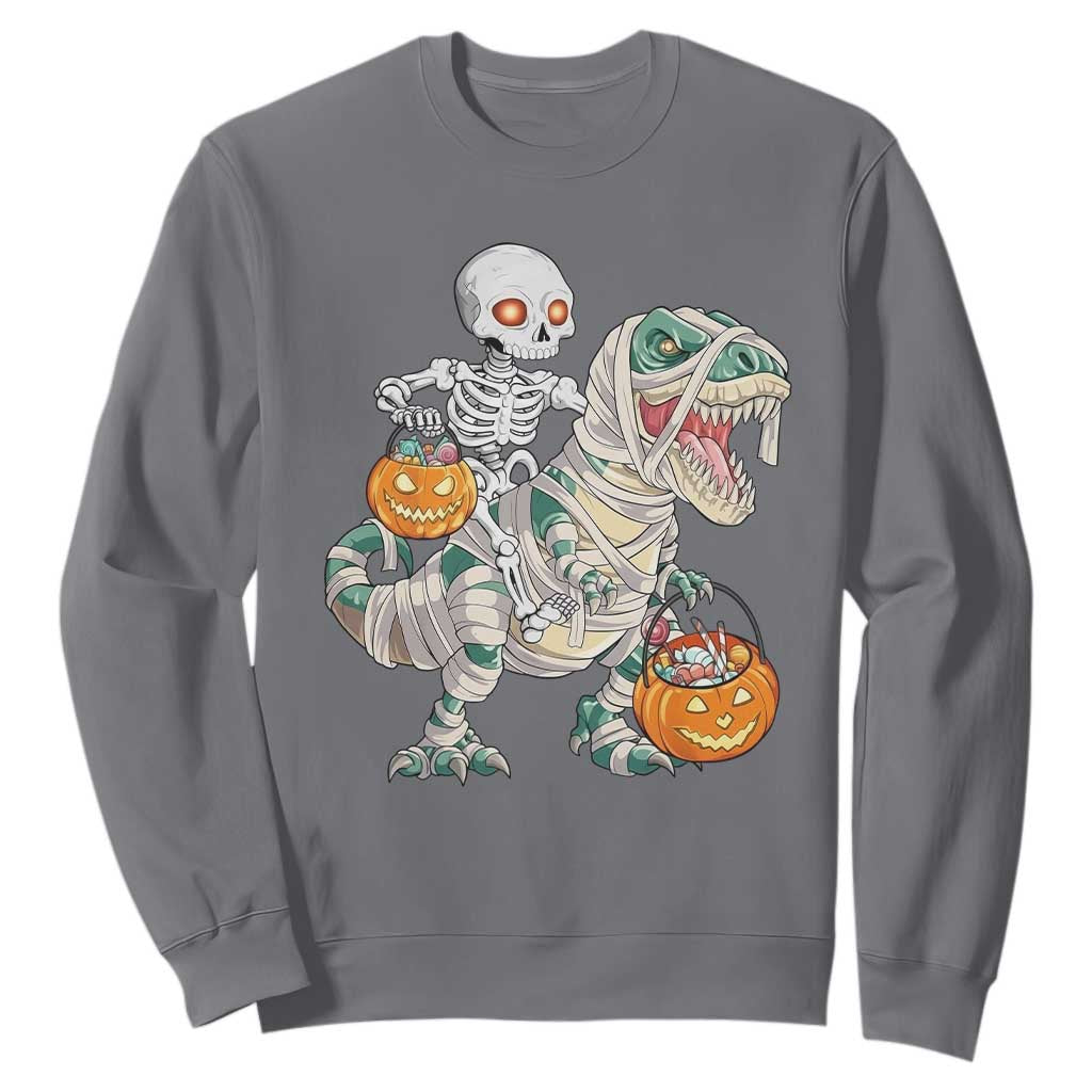 Funny Skeleton Riding Mummy Dinosaur Halloween Sweatshirt TS11 Charcoal Print Your Wear