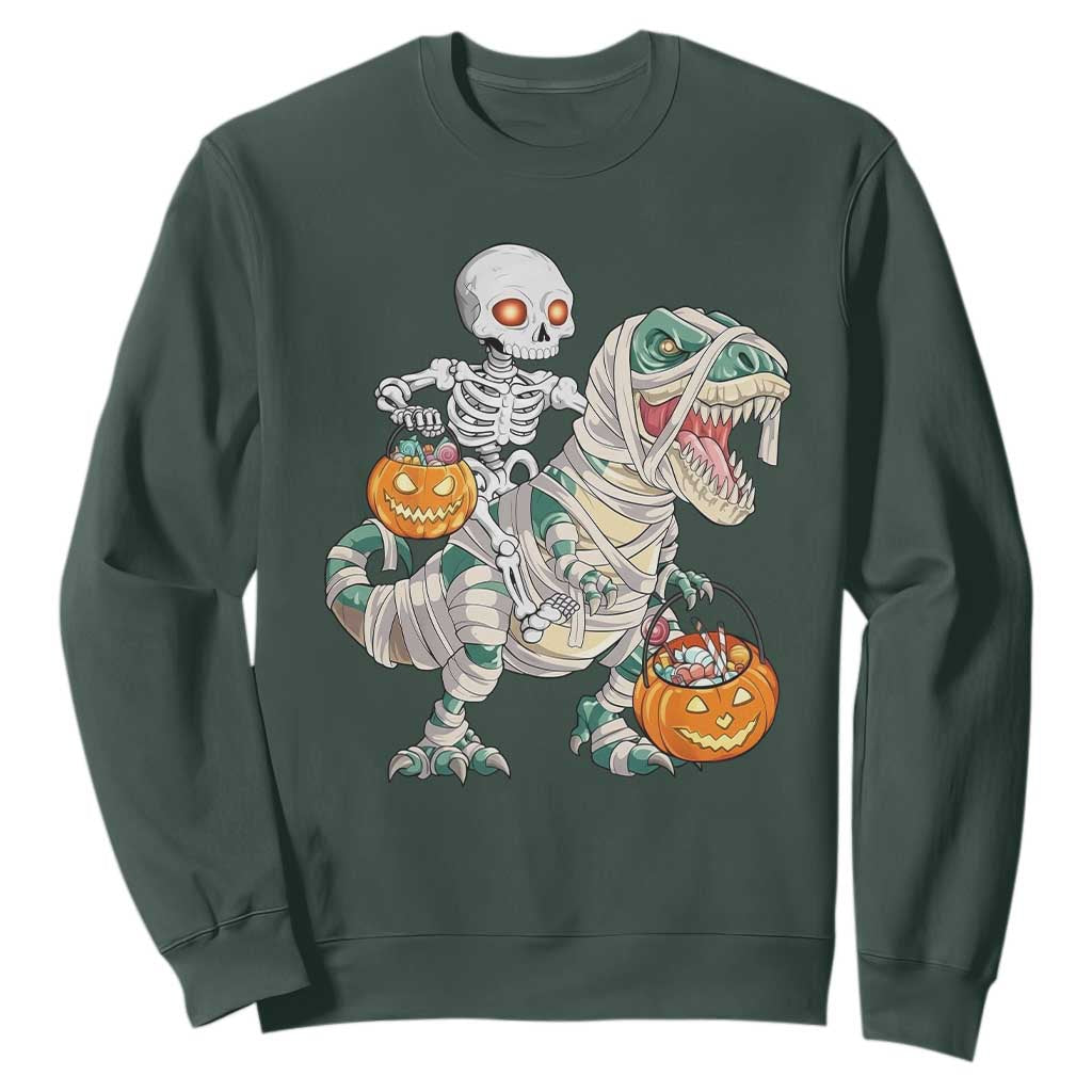 Funny Skeleton Riding Mummy Dinosaur Halloween Sweatshirt TS11 Dark Forest Green Print Your Wear