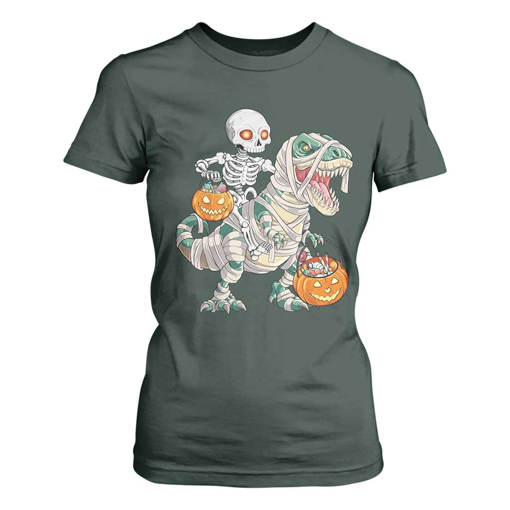 Funny Skeleton Riding Mummy Dinosaur Halloween T Shirt For Women TS11 Dark Forest Green Print Your Wear