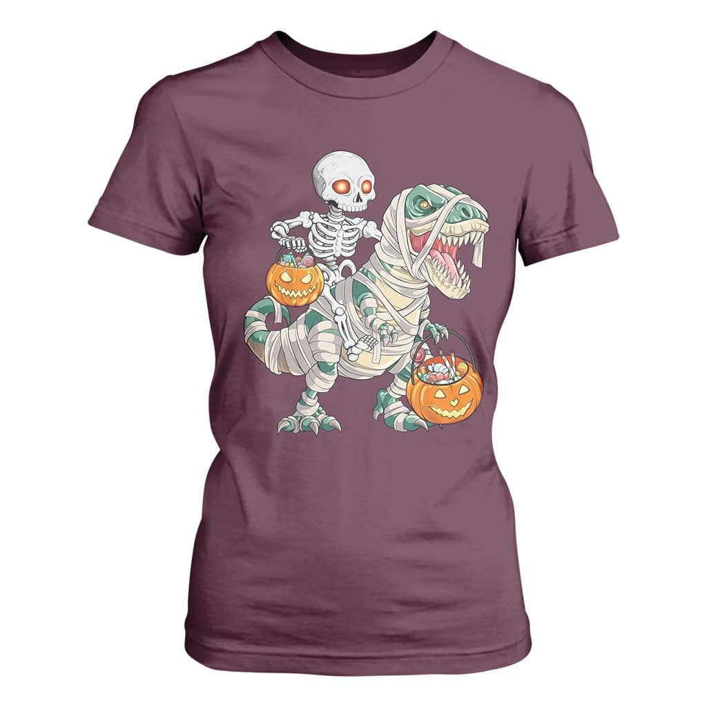 Funny Skeleton Riding Mummy Dinosaur Halloween T Shirt For Women TS11 Maroon Print Your Wear