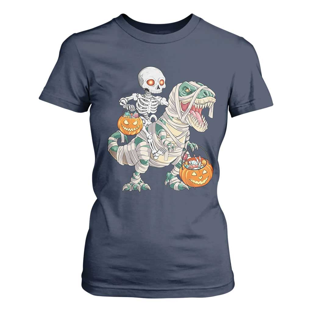Funny Skeleton Riding Mummy Dinosaur Halloween T Shirt For Women TS11 Navy Print Your Wear