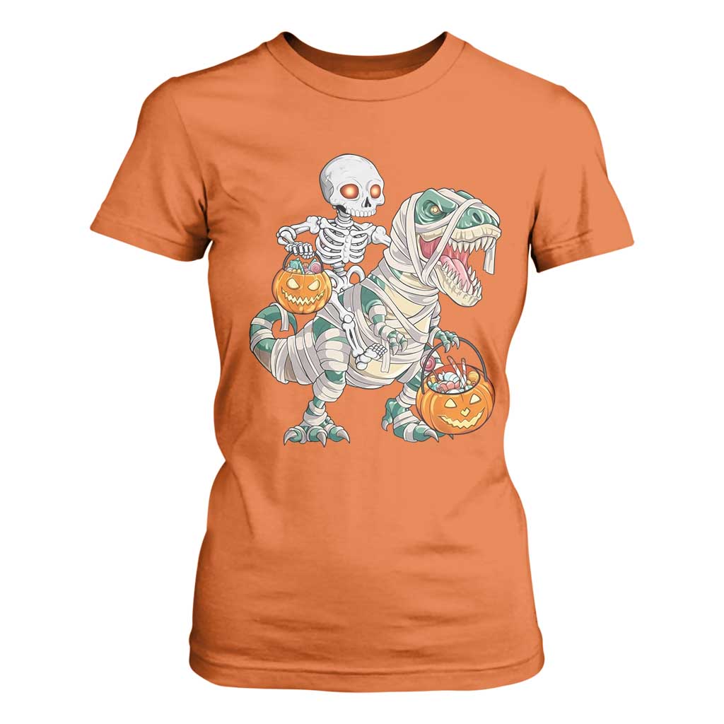 Funny Skeleton Riding Mummy Dinosaur Halloween T Shirt For Women TS11 Orange Print Your Wear