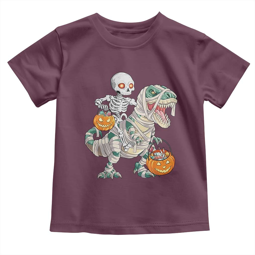 Funny Skeleton Riding Mummy Dinosaur Halloween Toddler T Shirt TS11 Maroon Print Your Wear