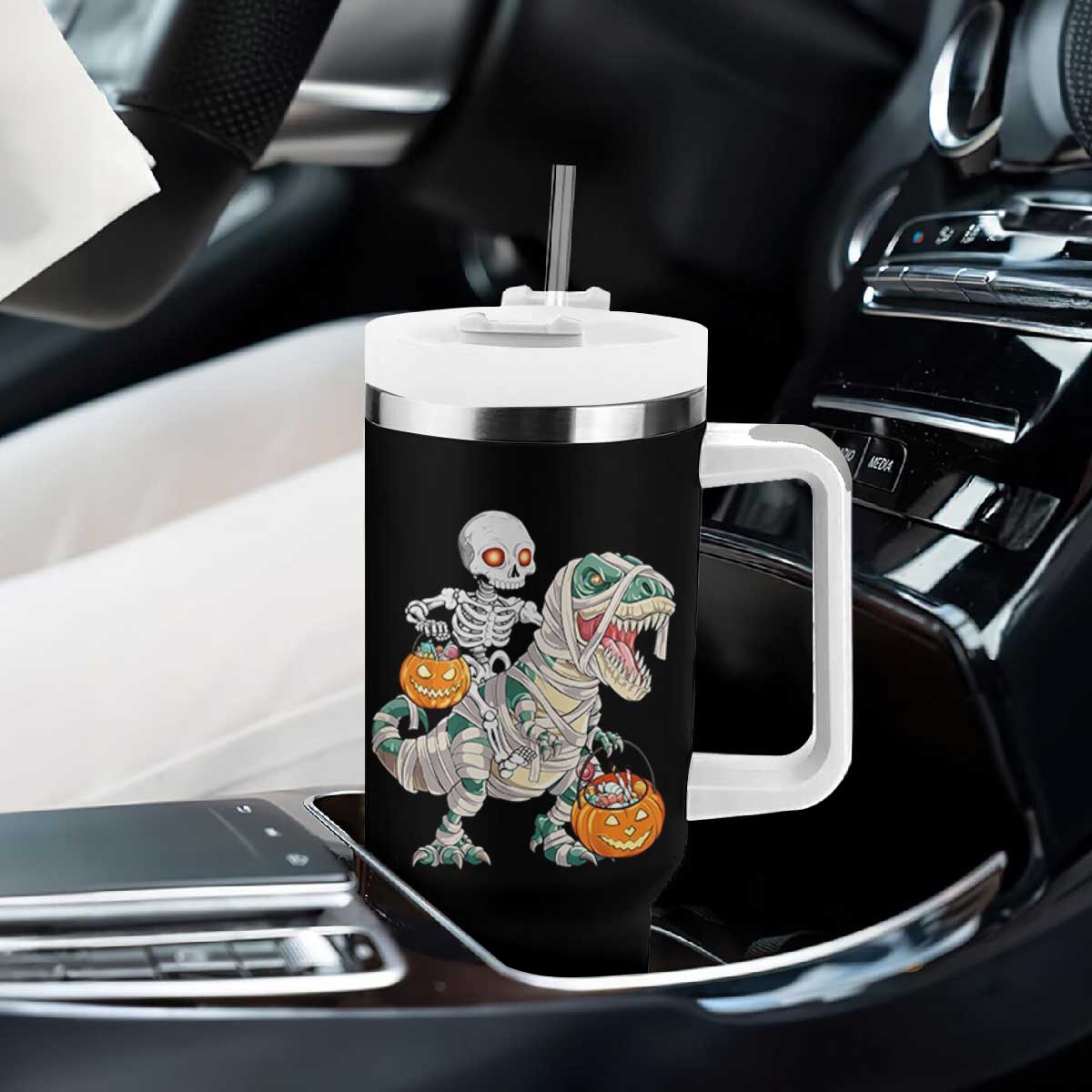 Funny Skeleton Riding Mummy Dinosaur Halloween Tumbler With Handle TS11 Print Your Wear