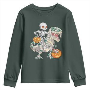 Funny Skeleton Riding Mummy Dinosaur Halloween Youth Sweatshirt TS11 Dark Forest Green Print Your Wear