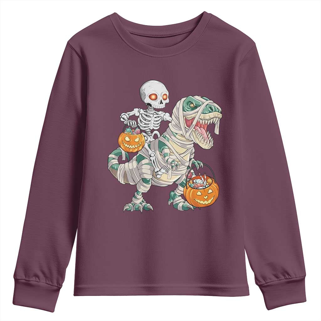 Funny Skeleton Riding Mummy Dinosaur Halloween Youth Sweatshirt TS11 Maroon Print Your Wear