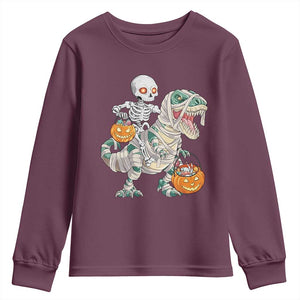 Funny Skeleton Riding Mummy Dinosaur Halloween Youth Sweatshirt TS11 Maroon Print Your Wear