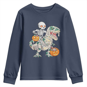 Funny Skeleton Riding Mummy Dinosaur Halloween Youth Sweatshirt TS11 Navy Print Your Wear