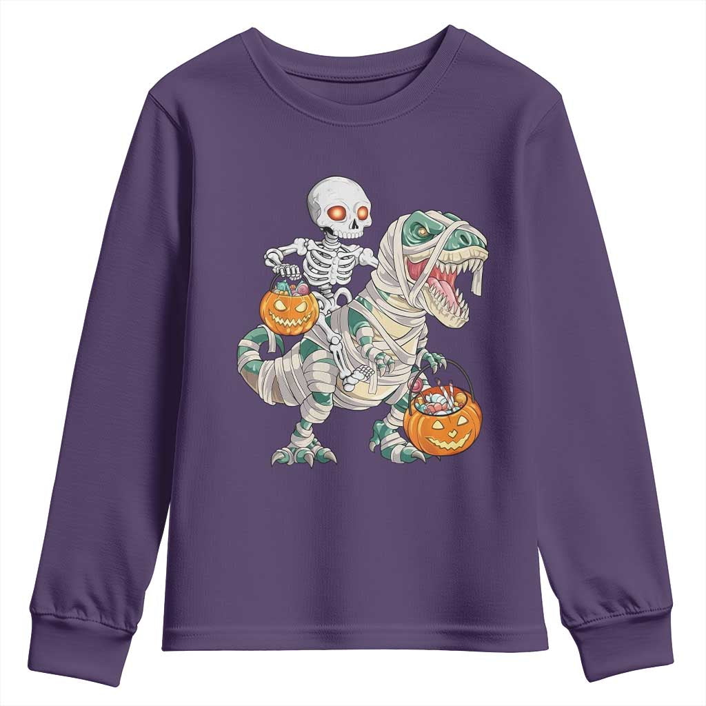 Funny Skeleton Riding Mummy Dinosaur Halloween Youth Sweatshirt TS11 Purple Print Your Wear