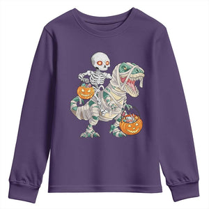 Funny Skeleton Riding Mummy Dinosaur Halloween Youth Sweatshirt TS11 Purple Print Your Wear