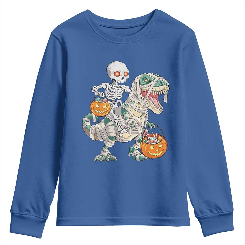 Funny Skeleton Riding Mummy Dinosaur Halloween Youth Sweatshirt TS11 Royal Blue Print Your Wear