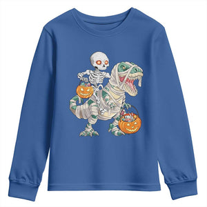 Funny Skeleton Riding Mummy Dinosaur Halloween Youth Sweatshirt TS11 Royal Blue Print Your Wear