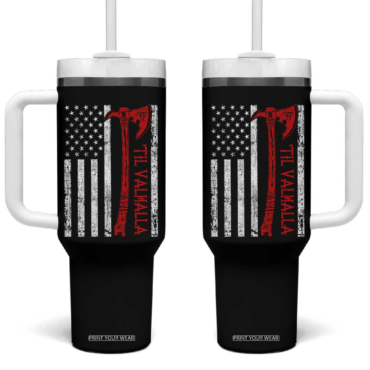 Viking Til Valhalla Tumbler With Handle Norse Mythology Axe USA Flag TS11 One Size: 40 oz Black Print Your Wear