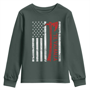 Viking Til Valhalla Youth Sweatshirt Norse Mythology Axe USA Flag TS11 Dark Forest Green Print Your Wear