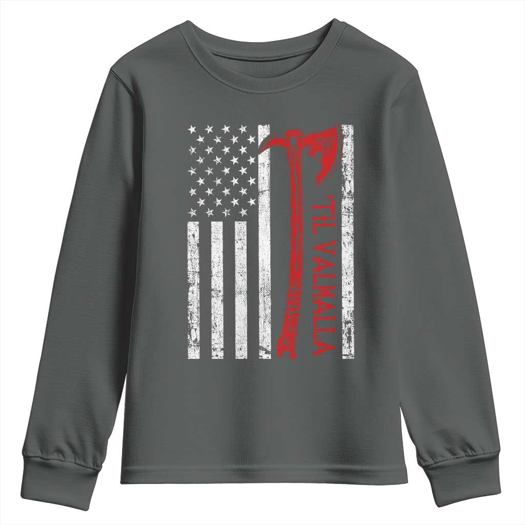 Viking Til Valhalla Youth Sweatshirt Norse Mythology Axe USA Flag TS11 Dark Heather Print Your Wear