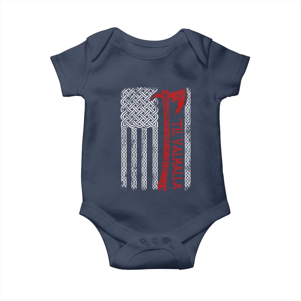 Viking Til Valhalla Baby Onesie Norse Mythology Axe Celtic Knot USA Flag TS11 Navy Print Your Wear