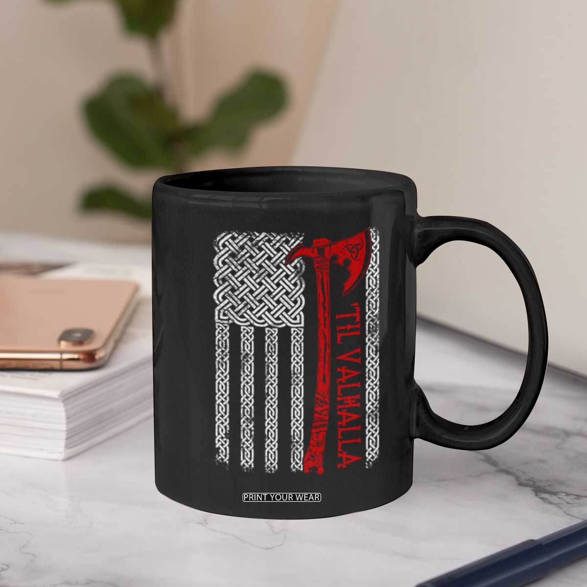 Viking Til Valhalla Coffee Mug Norse Mythology Axe Celtic Knot USA Flag TS11 Print Your Wear
