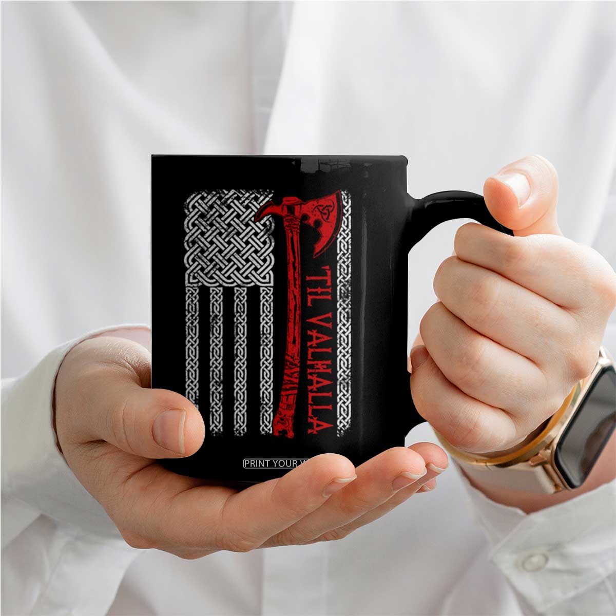 Viking Til Valhalla Coffee Mug Norse Mythology Axe Celtic Knot USA Flag TS11 Print Your Wear