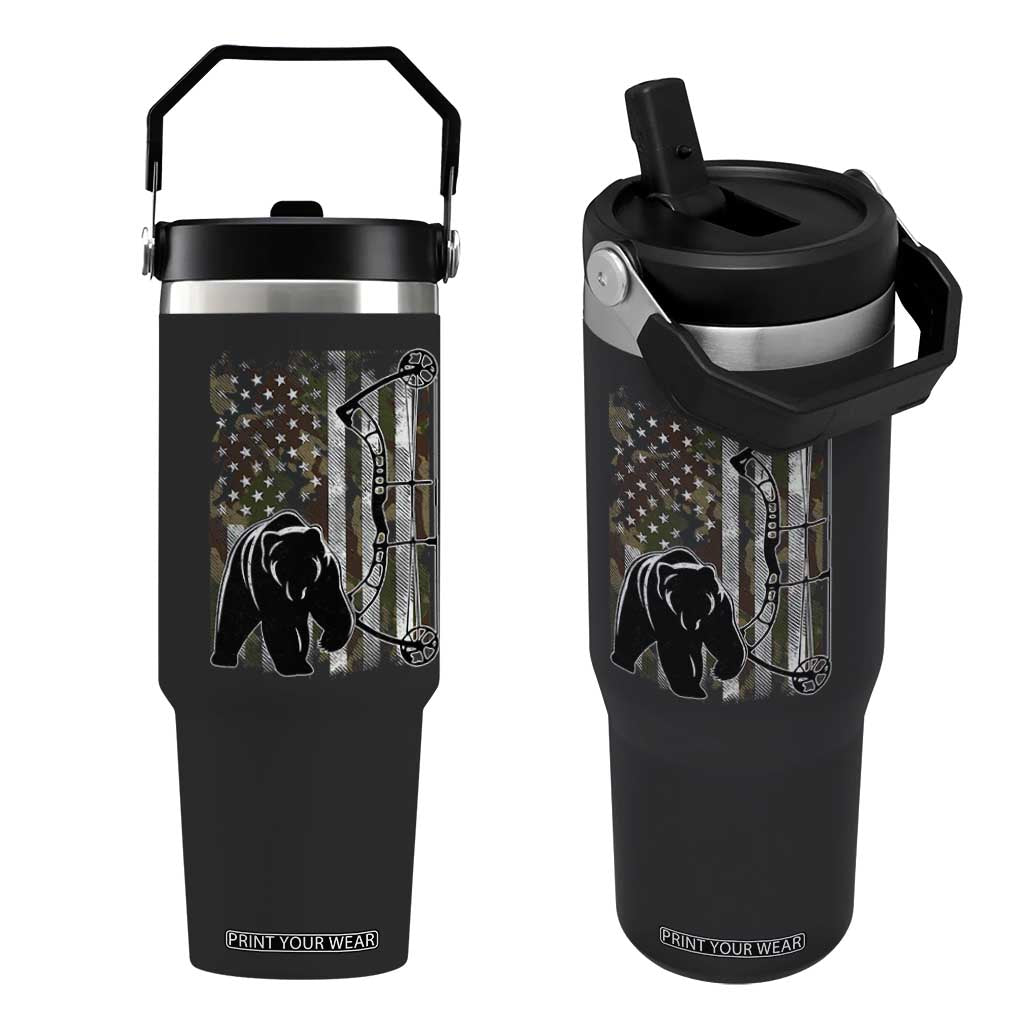 Bear Bowhunting Bow Archery Vintage Camo American Flag Flip Straw Tumbler TS11 One Size: 30 oz Black Print Your Wear