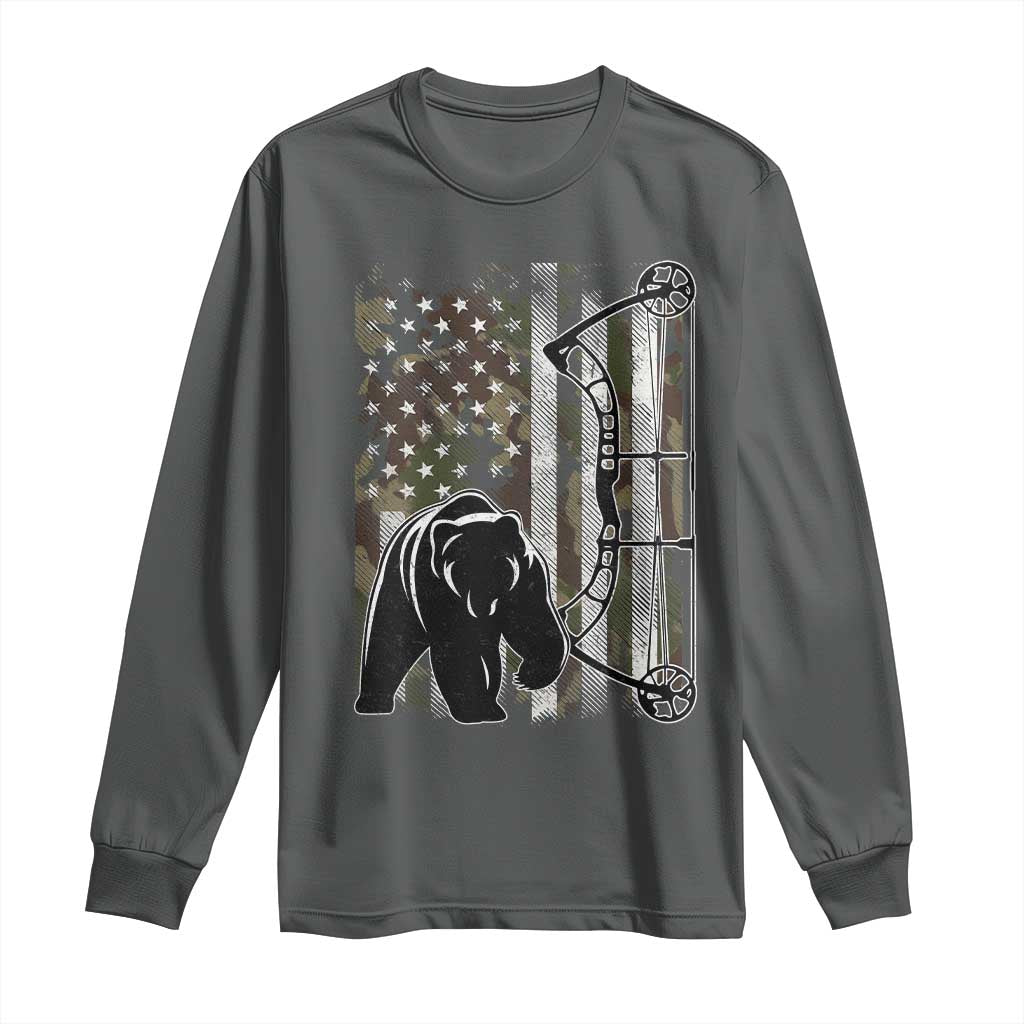 Bear Bowhunting Bow Archery Vintage Camo American Flag Long Sleeve Shirt TS11 Dark Heather Print Your Wear