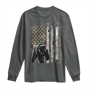 Bear Bowhunting Bow Archery Vintage Camo American Flag Long Sleeve Shirt TS11 Dark Heather Print Your Wear