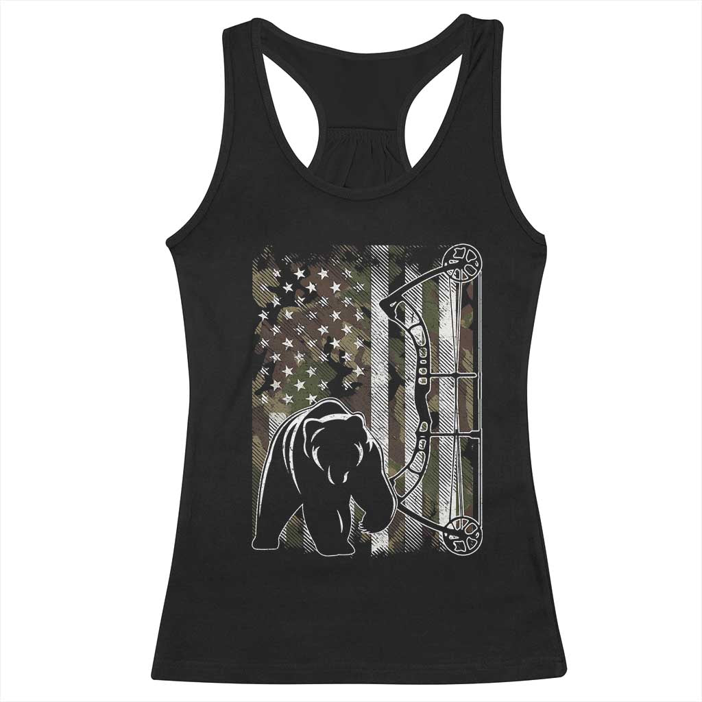Bear Bowhunting Bow Archery Vintage Camo American Flag Racerback Tank Top - Print Your Wear