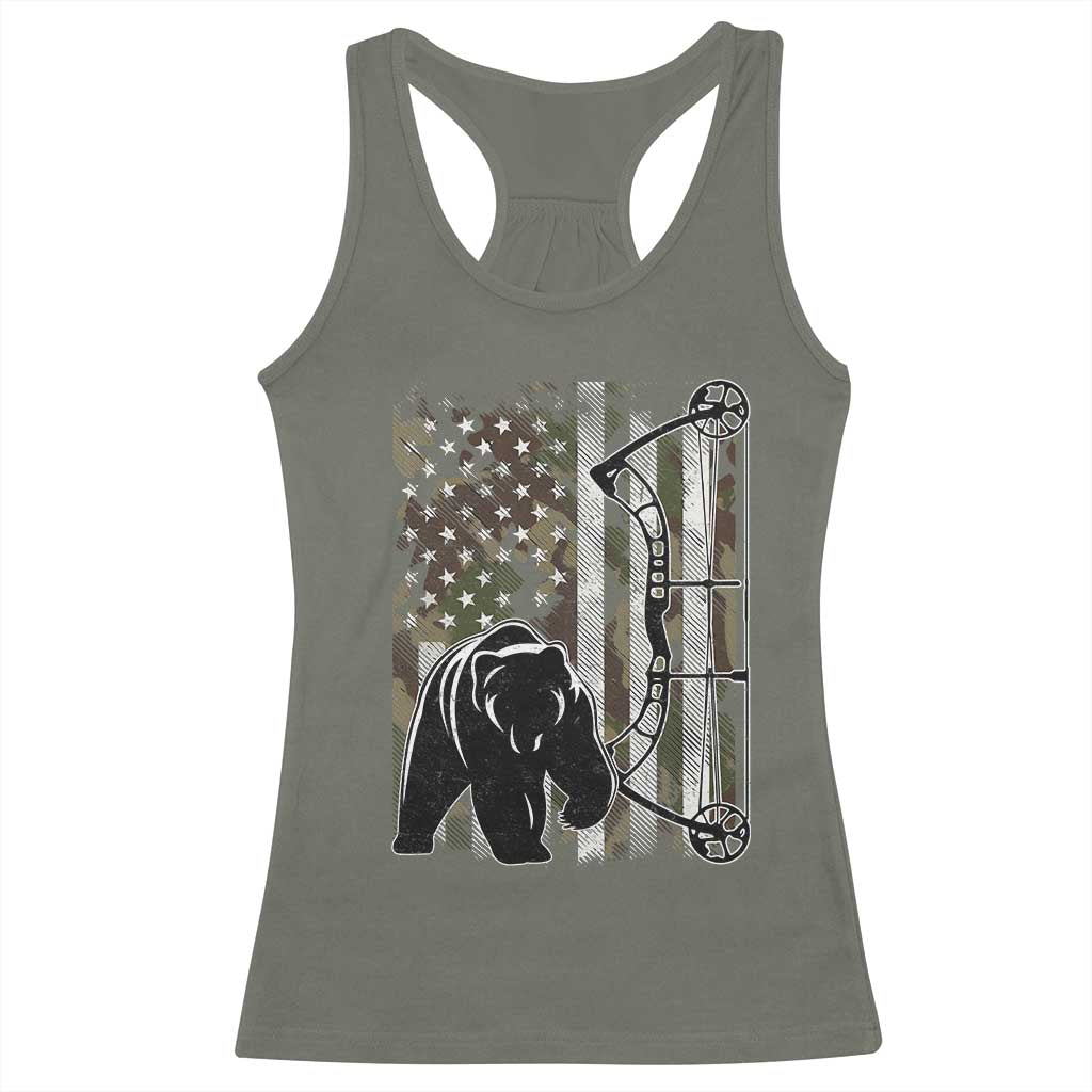 Bear Bowhunting Bow Archery Vintage Camo American Flag Racerback Tank Top TS11 Military Green Print Your Wear