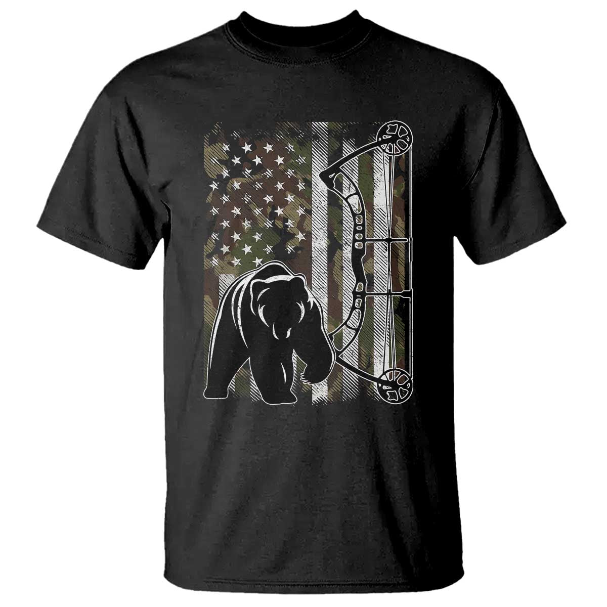Bear Bowhunting Bow Archery Vintage Camo American Flag T Shirt - Print Your Wear