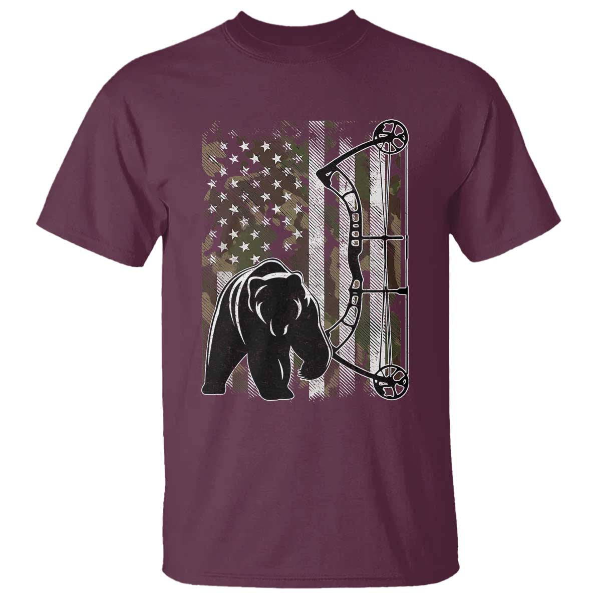 Bear Bowhunting Bow Archery Vintage Camo American Flag T Shirt TS11 Maroon Print Your Wear