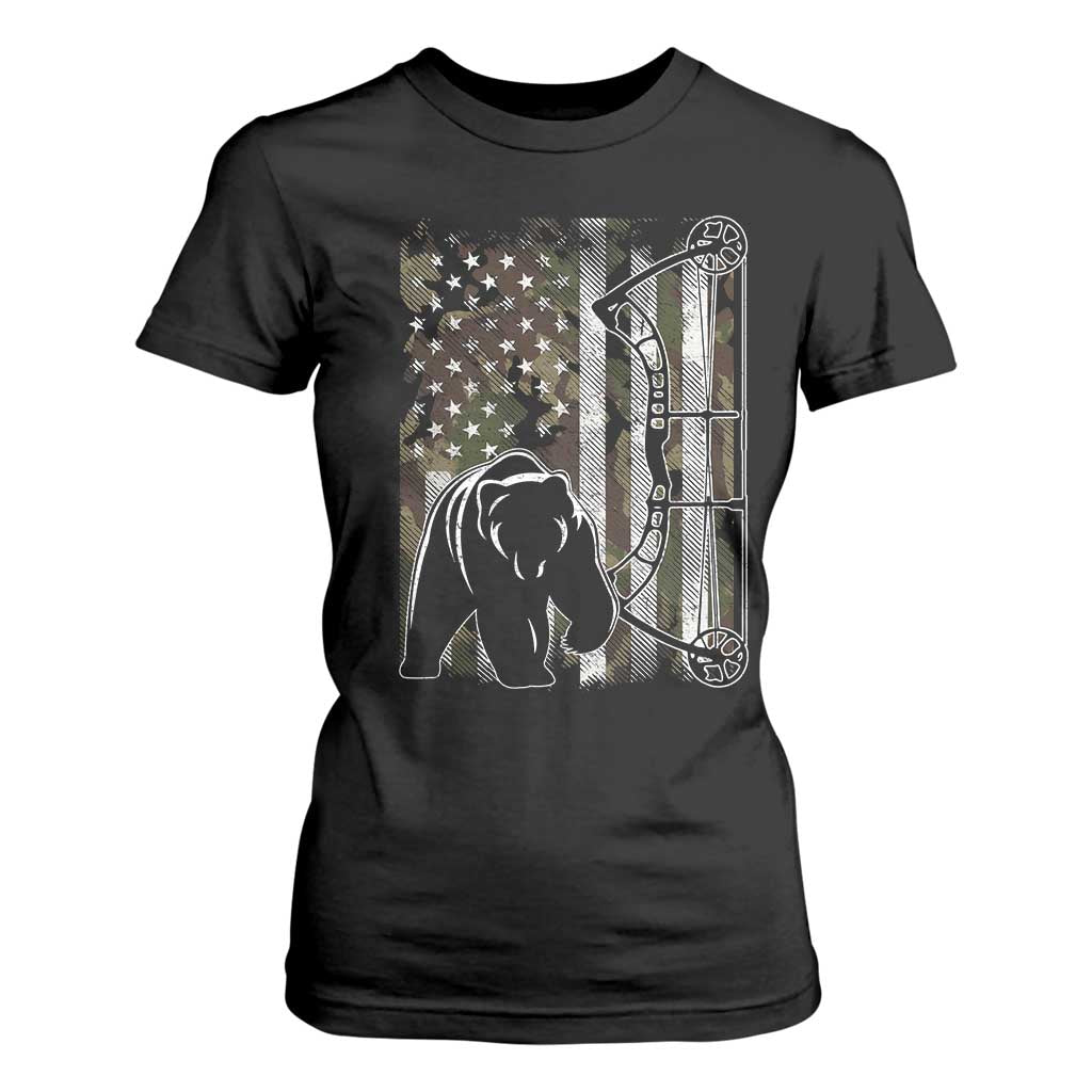 Bear Bowhunting Bow Archery Vintage Camo American Flag T Shirt For Women - Print Your Wear