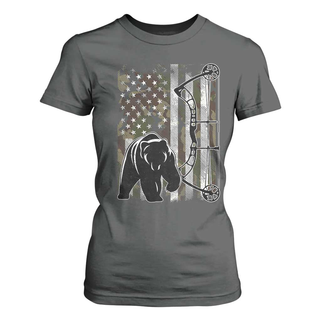 Bear Bowhunting Bow Archery Vintage Camo American Flag T Shirt For Women TS11 Dark Heather Print Your Wear