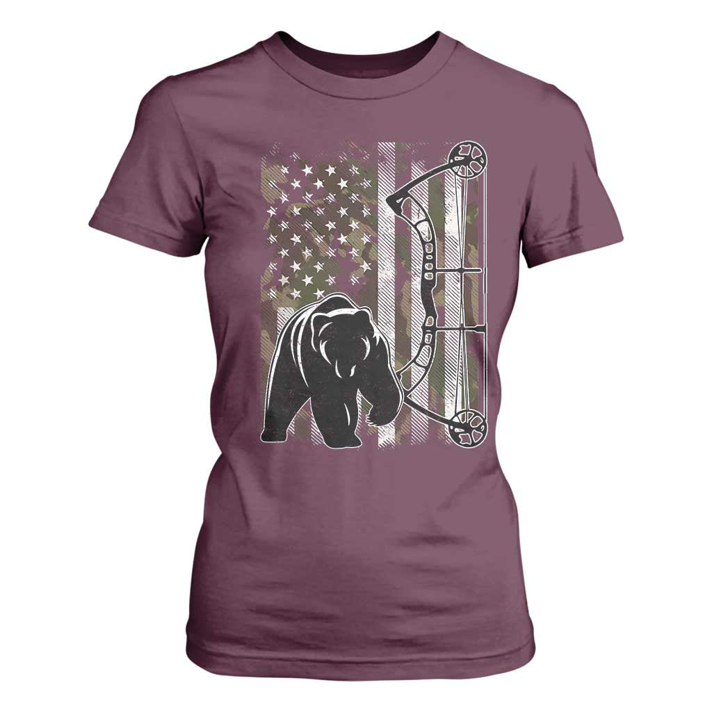 Bear Bowhunting Bow Archery Vintage Camo American Flag T Shirt For Women TS11 Maroon Print Your Wear